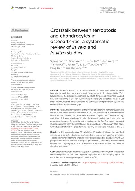 Pdf Crosstalk Between Ferroptosis And Chondrocytes In Osteoarthritis