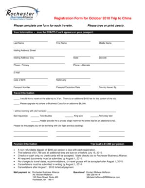 Fillable Online Registration Form For October Trip To China