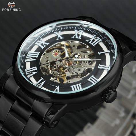 Forsining Skeleton Mechanical Watches Men Roman Numerals Luminous Hands