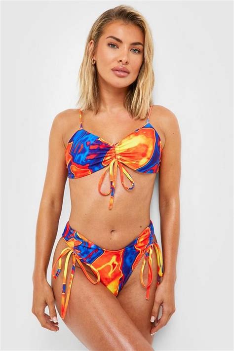 Swimwear Marble Ruched Tie High Leg Bikini Set Boohoo