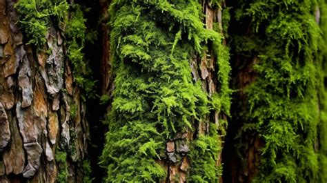 Lush Green Moss Covering Three Bark Textures Background Forest Texture