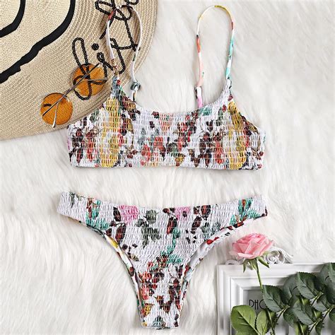 ZAFUL Cami Shirred Swimwear Women Swimsuit Smocked Bikini Flower