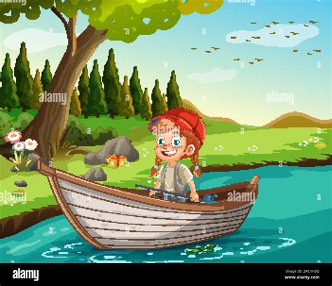 Fisherman Fishing On Wooden Boat At The River In Nature Illustration