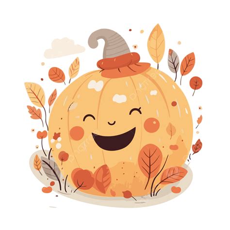 Happy Fall, Sticker Clipart Cute Halloween Pumpkin With Leaves In ...