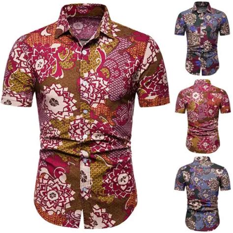 Neue Mode Männer Kurzarm Floral Print Drehen unten Kragen Slim Fit