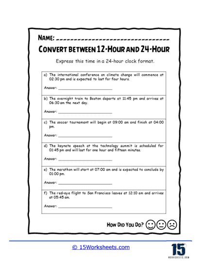 Convert Between 12-Hour and 24-Hour Worksheets - 15 Worksheets.com