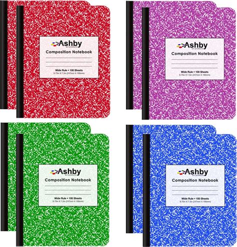 Ashby 8 Pack Wide Ruled Composition Notebook With