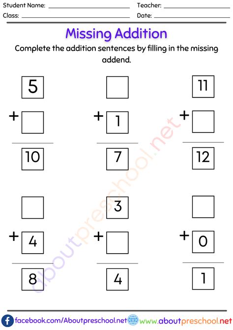 Missing Number Addition Worksheets Pdf 1 About Preschool