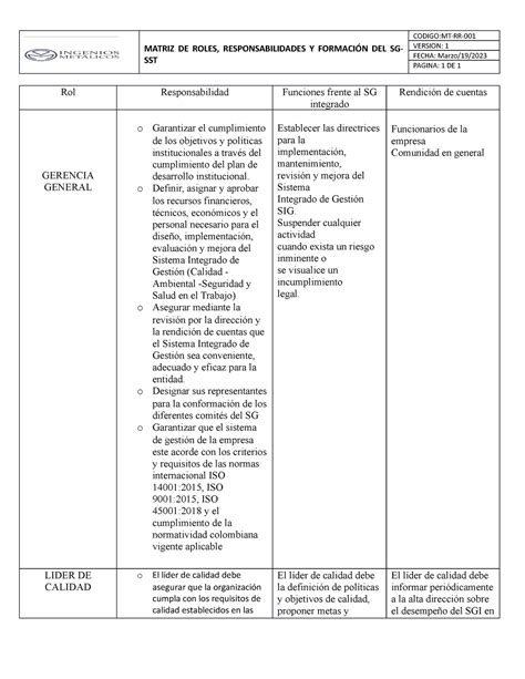 Roles Y Responsabilidades Matriz De Roles Responsabilidades Y