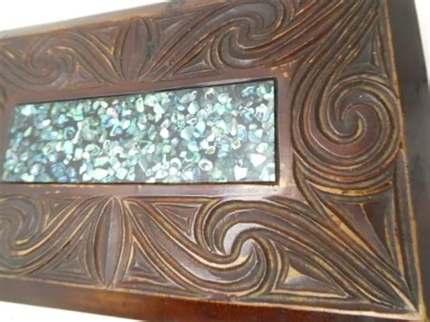 VINTAGE WOODEN TIKI Carved Box New Zealand Maori Paua Shell Decorated