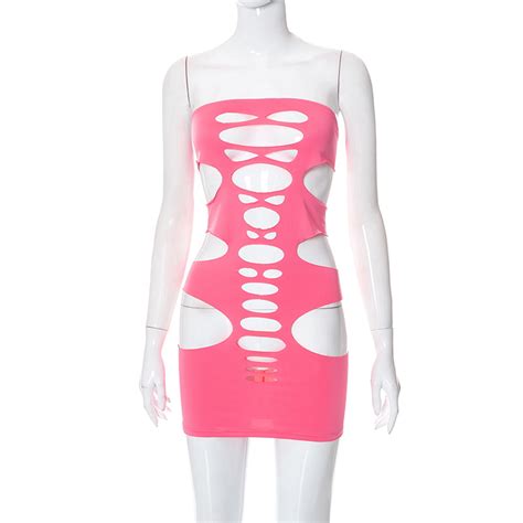 Boofeenaa Irregular Hollow Out Hole Tube Top Mini Dress Sexy Rave