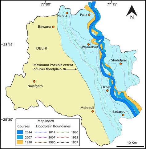 Map showing the temporal changes in the Yamuna river courses for years ...