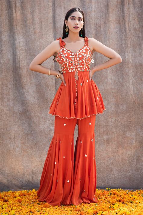 Buy Orange Crepe Embroidered Mirror V Neck Peplum Kurta And Sharara Set