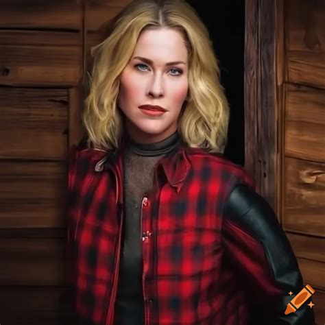 Blonde Actress In Red Plaid Shirt And Black Leather Outfit On Craiyon