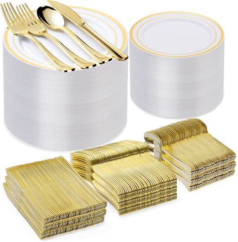 Amazon Bestvip 600PCS Gold Plastic Plate Set 100 Guests Plastic