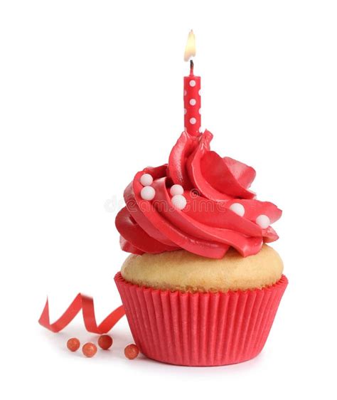 Delicious Birthday Cupcake With Candle Isolated Stock Image Image Of Swirl Recipe 172136419