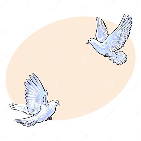 Two Free Flying White Doves Isolated Sketch Style Illustration Stock