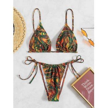 Emmiol Free Shipping 2024 Vintage Swirl Print Bikini Set Brown M In