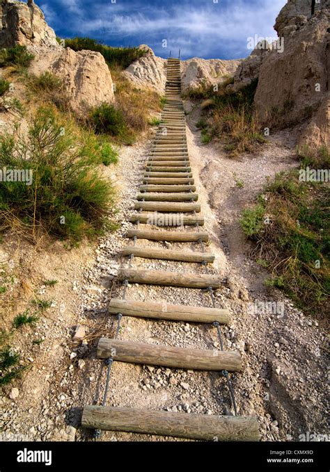 Ladder on Notch Trail. Badlands National Park, South Dakota Stock Photo ...