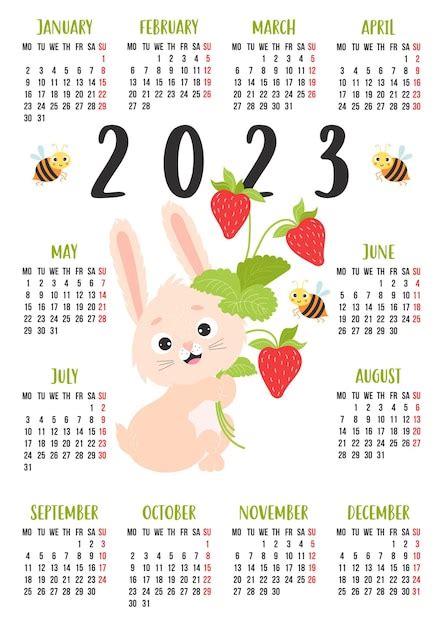 Kalender Met Schattig Konijn Met Boeket Aardbeien Konijn Is