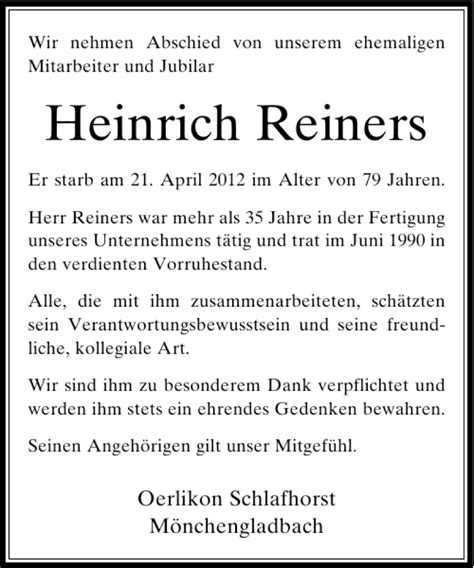 Alle Traueranzeigen für Heinrich Reiners trauer rp online de