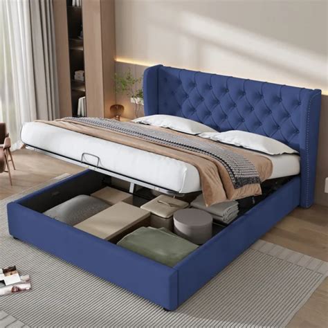 Ottoman Storage Bed Gas Lift Up Velvet Upholstered Ft Double Size Bed