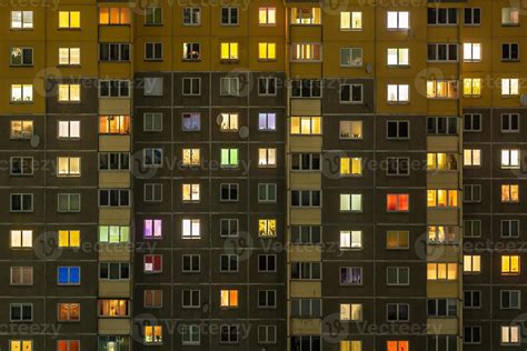 Flat Night Panorama Of Multicolor Light In Windows Of Multistory