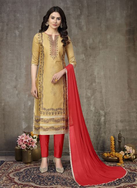 Buy Cotton Gold Embroidered Churidar Suit 184768 Salwar Kameez