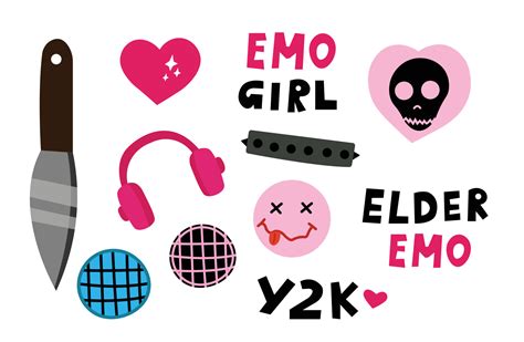 Emo y2k girl stickers set pink color. Elder emo, goth, earphones, heart, skull. 19629227 Vector ...