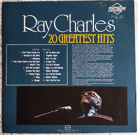 Ray Charles 20 Greatest Hits Vinyl Lp 1984 European Issue Platinum