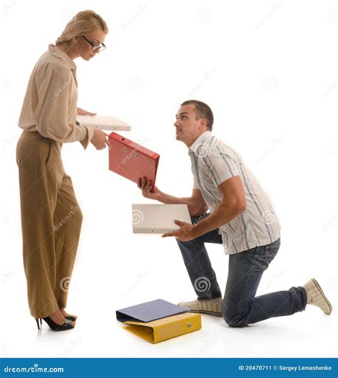 Man Helping Woman To Pickup Binders From Ground Stock Image Image