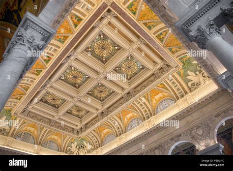 Ornate ceiling of the Great Hall of the Thomas Jefferson Building of ...