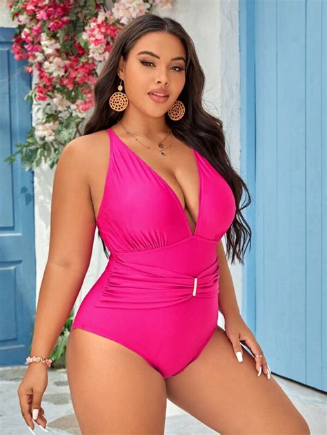 Plus Ruched Backless One Piece Swimsuit Shein Usa