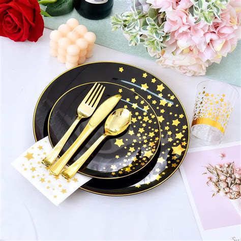 Buy Piece Gold Dinnerware Set Guest Black Plastic Plates