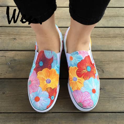 Wen Hand Painted Women Flower Shoes Low Flat Slip On Canvas Sneakers