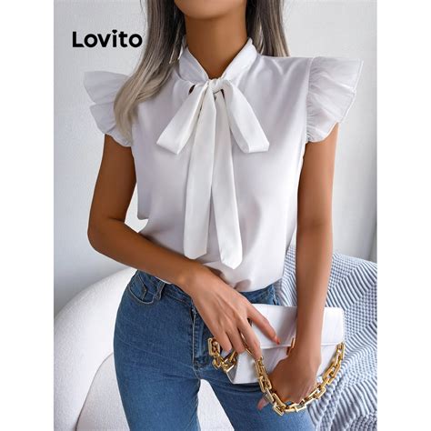 Lovito Blusa Elegante Lisa Renda Para Mulheres Lne Branco