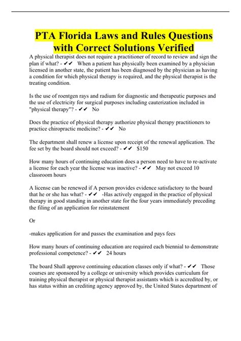 PTA Florida Laws and Rules Questions with Correct Solutions Verified