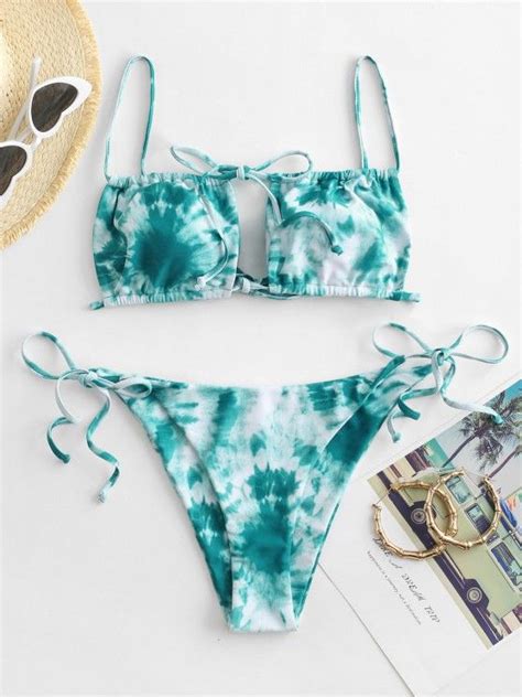 Off Zaful Tie Dye Cutout String Bikini Swimwear In Green Zaful