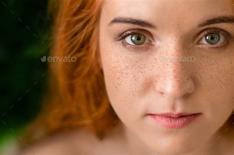 Beautiful Young Freckled Green Eyed Lady With Red Hair Stock Photo By