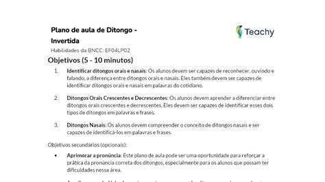 Plano De Aula De Metodologia Invertida Ditongo Plano De Aula