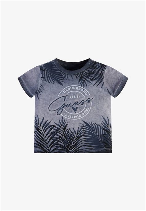 Guess Allover Print T Shirt Imprimé Grundton Blau Bleu Chiné