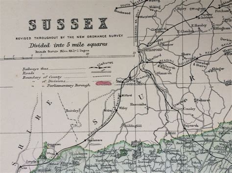 1896 Sussex Large Original Antique Map Showing Railways Stations Canals Crossroads Uk