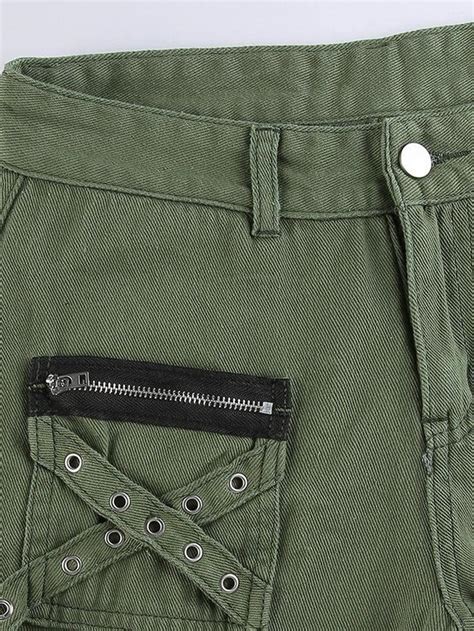 2024 Metal Decor Zipper Cargo Jeans Green S In Pants Online Store