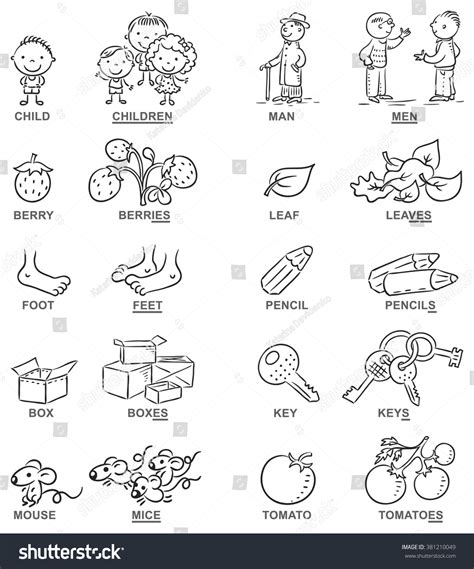 Plural Nouns Cartoon Pictures Black White Stock Vector 381210049 - Shutterstock