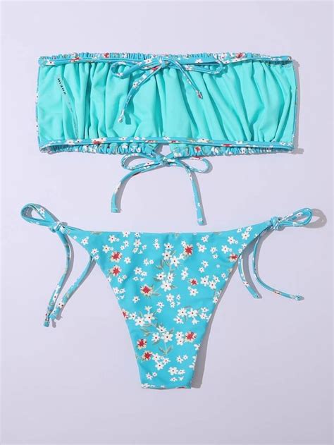 Ditsy Floral Bandeau Tie Side Bikini Swimsuit Shein Usa Side Tie