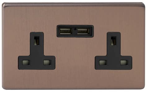 Varilight Screwless Brushed Bronze 2 Gang 13a Unswitched Socket With Dual Usb Ports And Black