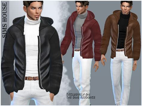 The Sims Resource Men S Leather Jacket With Hood And Sweater Sims