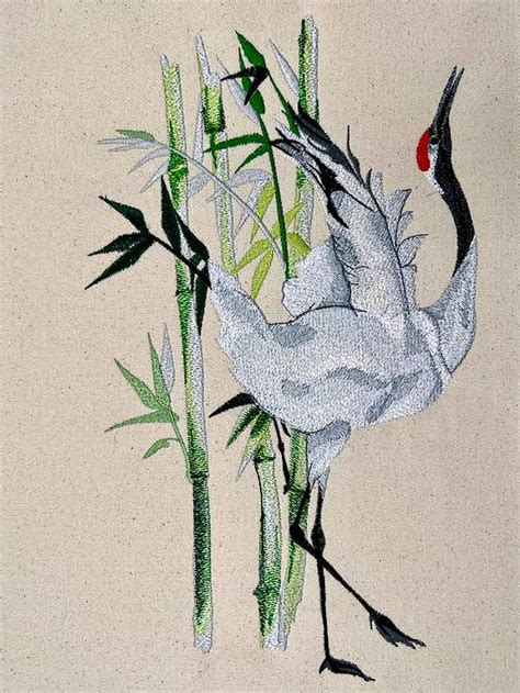 Premium Embroidery Design Okinawa Crane With Bamboo3 Sizes