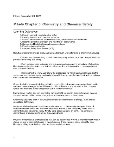 Milady Chapter 6: Chemistry & Chemical Safety in Beauty Services - Studocu