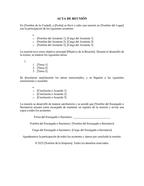 Modelo De Acta De Reunión Acta De ReuniÓn En Nombre De La Ciudad A